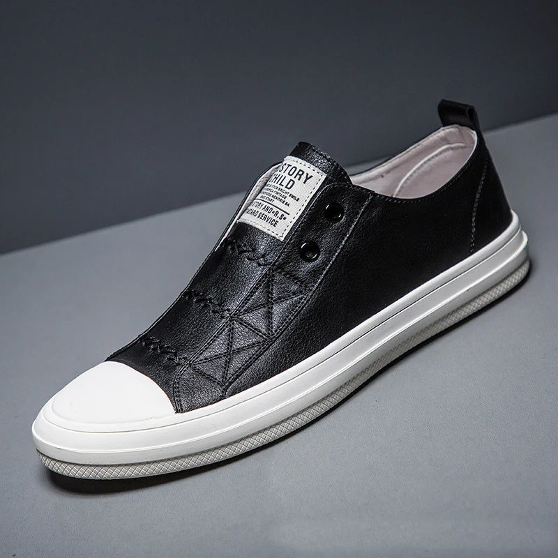 Genuine Leather Black White Shoes Men Casual Shoes Soft Flat Brand Cow Leather Cool Street Young Male Footwear D237