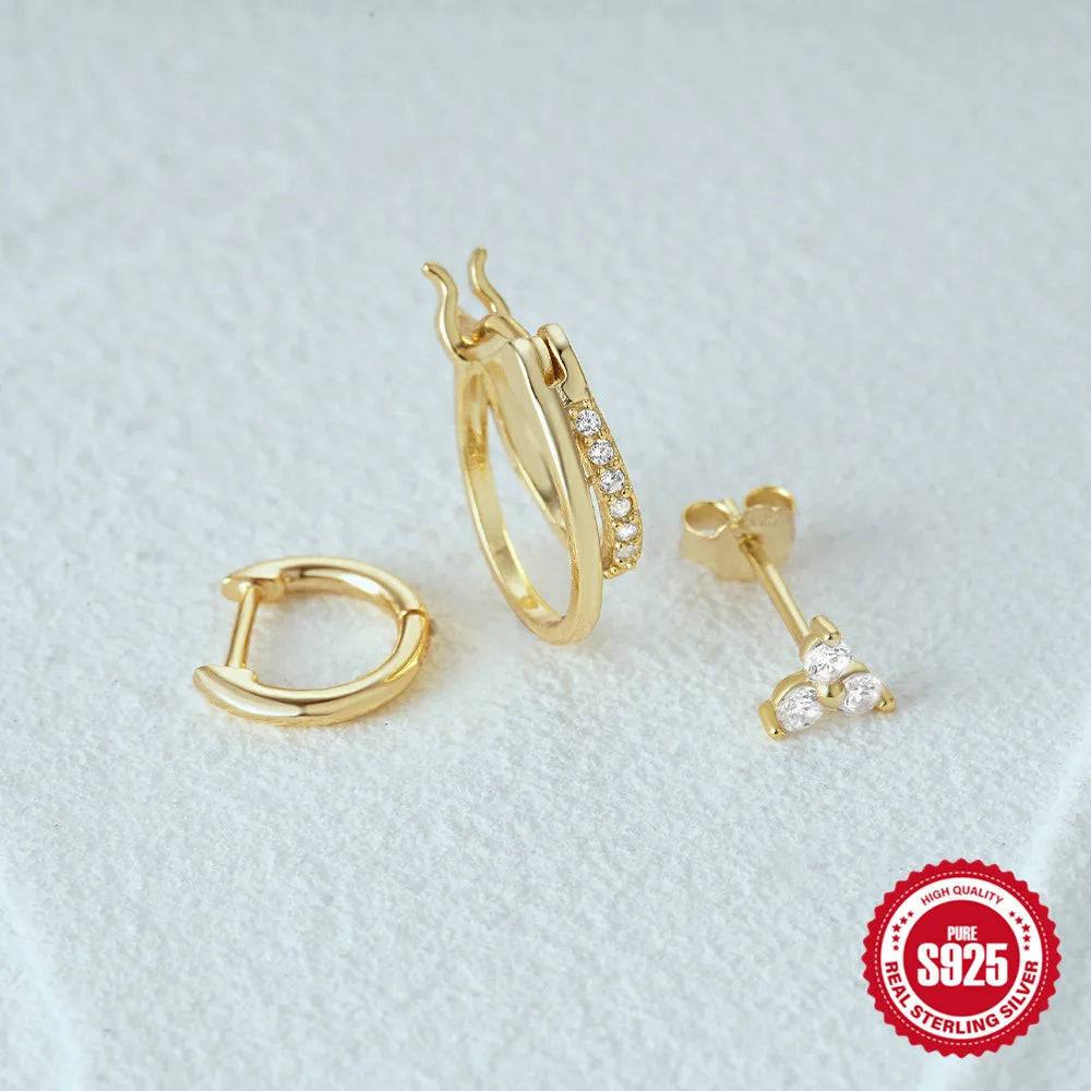 925 Sterling Silver 3PCS Zircon Double Layer Hoop Earrings For Women Minimalism Ins Earrings Fine Jewelry Party Gift