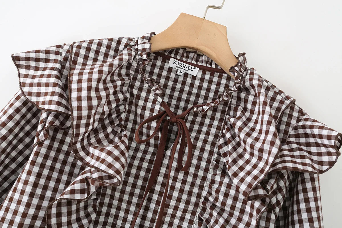 Women's Cotton Gingham Cropped Ruffle Tie Neck Blouse Spring Autumn 2026 Chic Modern Long Sleeve Shirt Tops for Woman