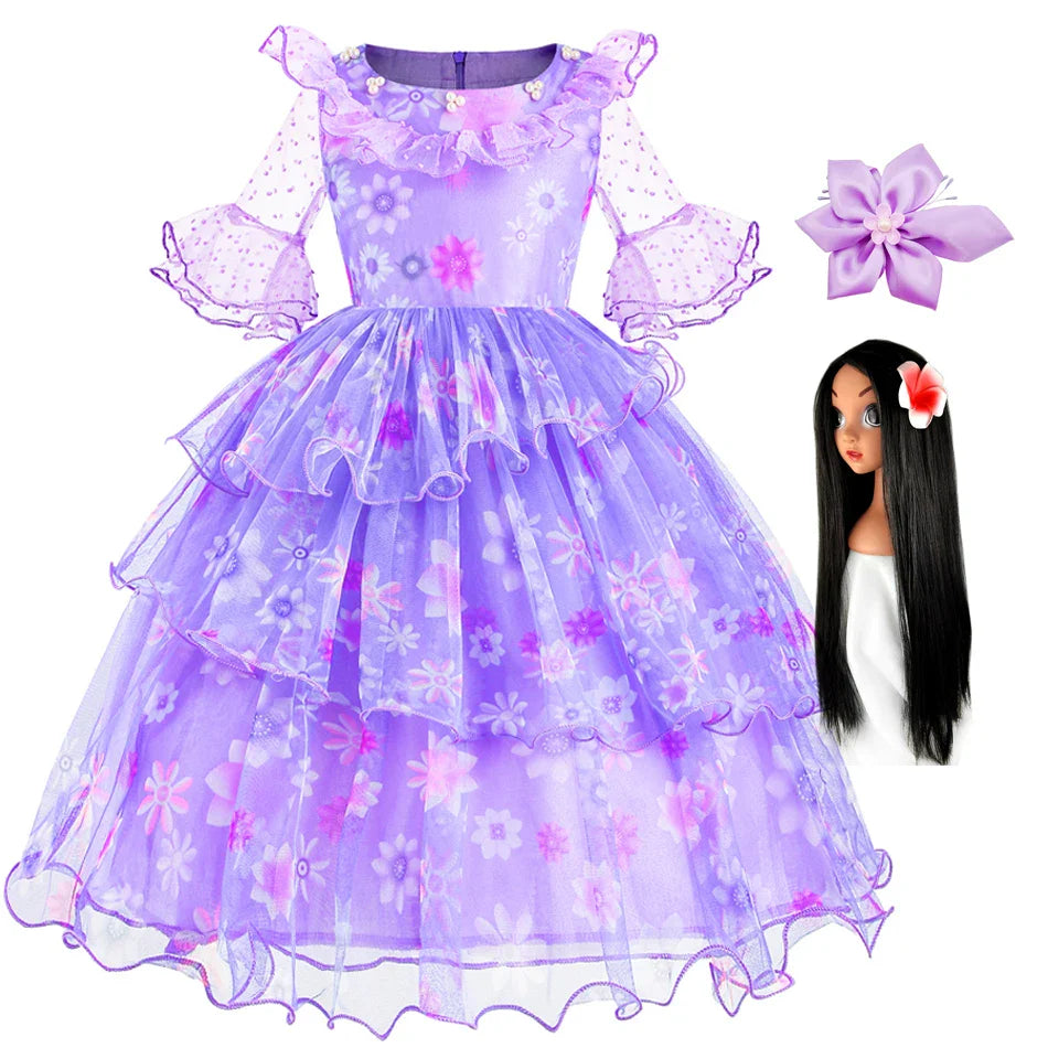 Encanto Isabela Costume Dress For Kids Girl Flare Sleeve Princess Dress Fiower Gown Halloween Christmas Birthday Party Outfits