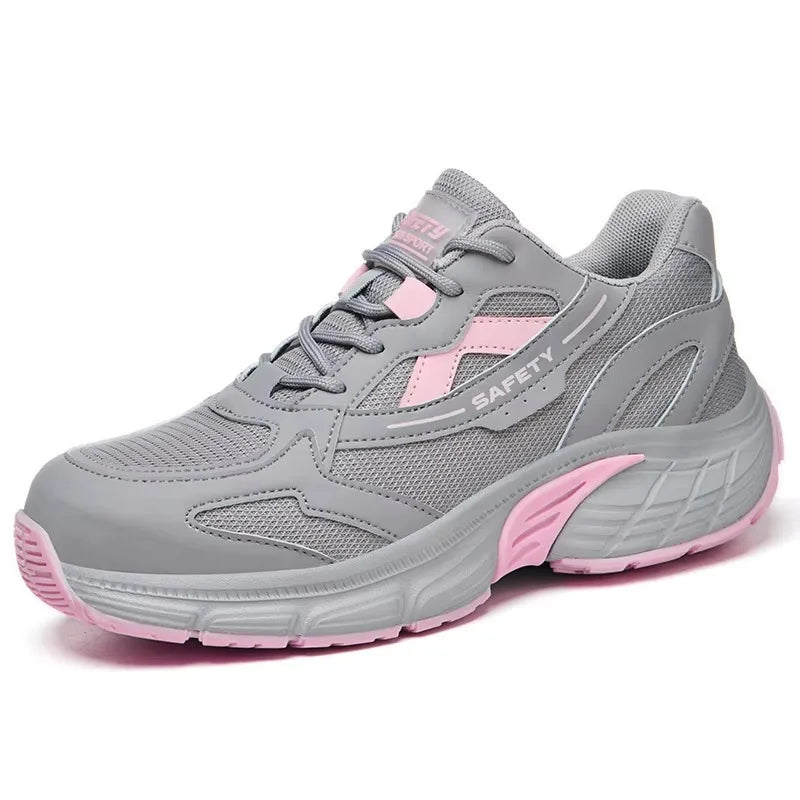 Women‘s Safety Shoes Anti-Smash Anti-Puncture Lightweight Fashionable Grey Pink Color Comfort Fit Daily Wear Protective