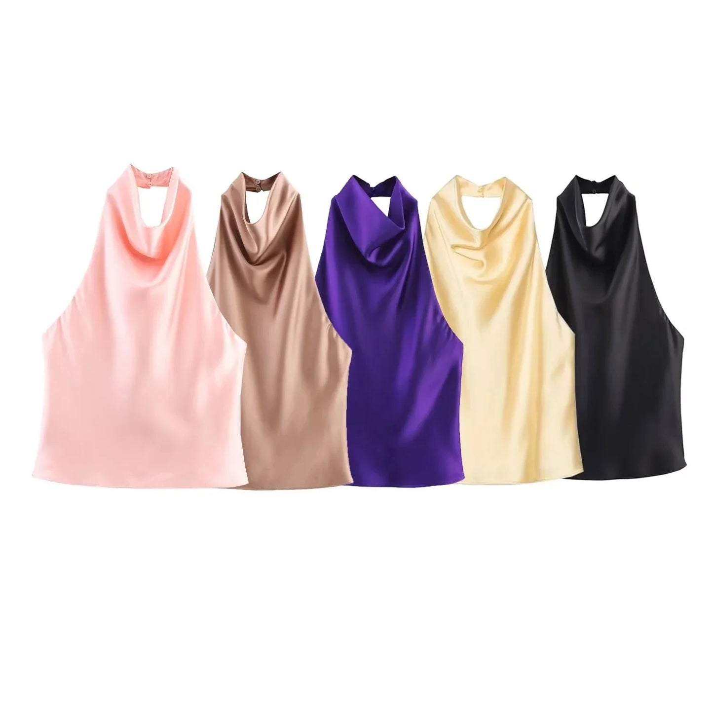 Sexy Chic Butter Yellow Satin Tops Women Halter Backless Beach Holiday Party Top Fashion 2025 New Year Evening Satin Top