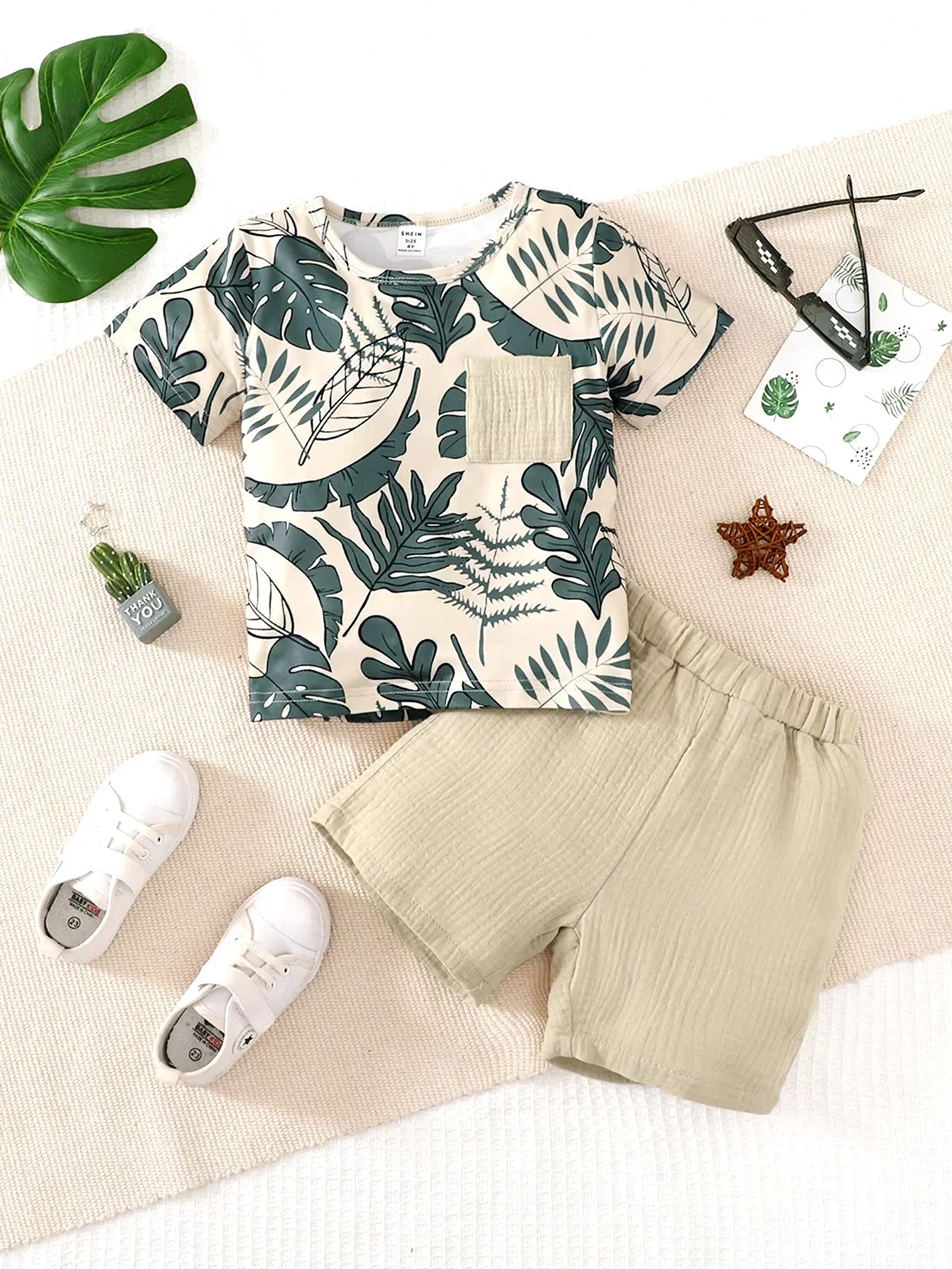 2PCS Kid Boy Clothes Set Short Sleeves Leaf Print Pocket Style T-shirt+Shorts Summer Casual Outfit For Child Boy 4-7 Years