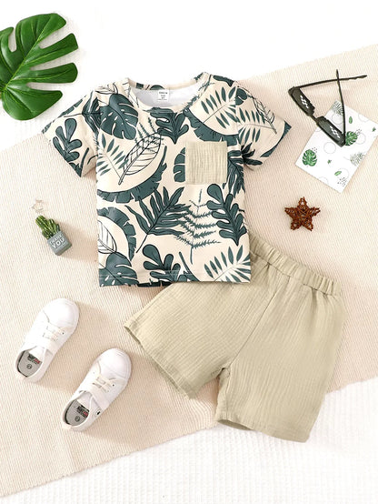 2PCS Kid Boy Clothes Set Short Sleeves Leaf Print Pocket Style T-shirt+Shorts Summer Casual Outfit For Child Boy 4-7 Years