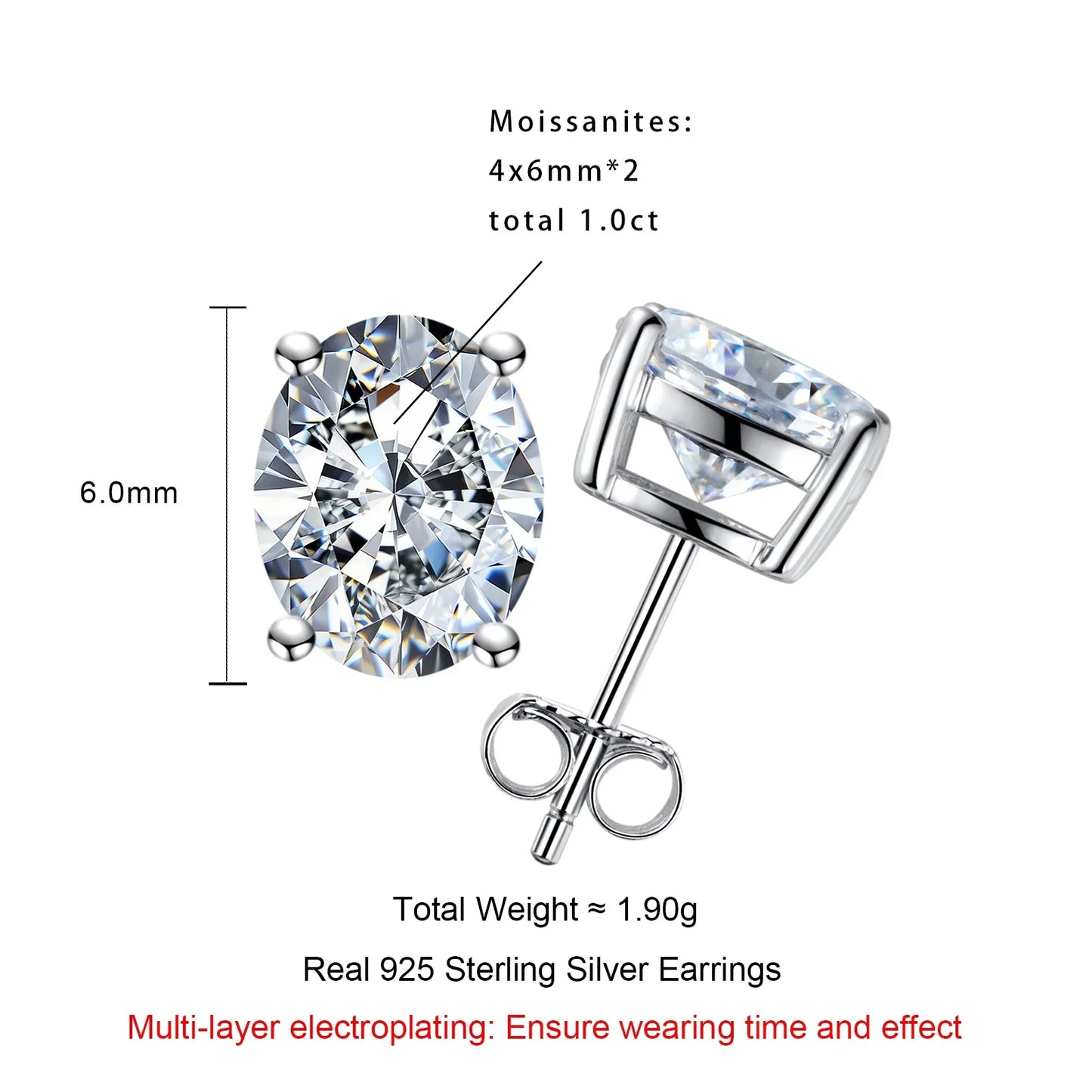 1cttw-6cttw Oval Moissanites Earrings 925 Sterling Silver D Color VVS1 Moissanite Classic Stud Earrings for Woman