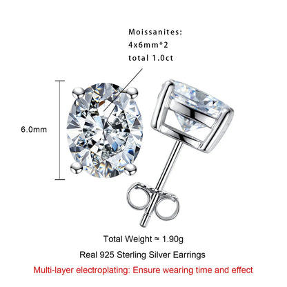 1cttw-6cttw Oval Moissanites Earrings 925 Sterling Silver D Color VVS1 Moissanite Classic Stud Earrings for Woman
