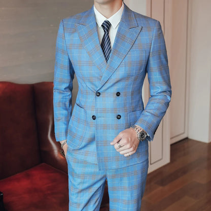 S-5XL ( Blazer + Pants ) Men's High-end Brand Formal Double Breasted Suit Gray 2 Piece Set Wedding Dress Plaid Suit Groom Party