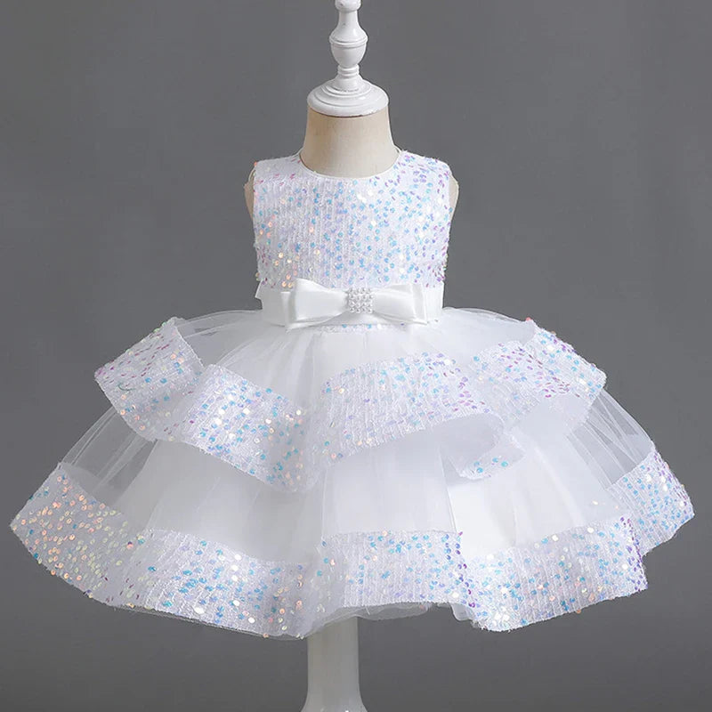 Summer New Beaded Bow Tie Sequin Mesh Children's Sleeveless Evening Dress School Graduation Party Multi Layered Dress