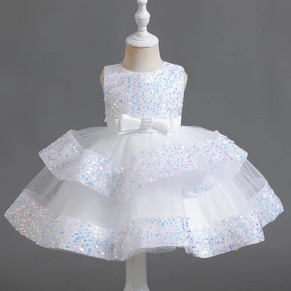 Summer New Beaded Bow Tie Sequin Mesh Children's Sleeveless Evening Dress School Graduation Party Multi Layered Dress