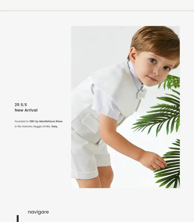 Boys White Linen Suit Set Summer Short Sleeve shawl  Vest & suspenders Shorts Gentleman Outfit for Wedding Party Occasions