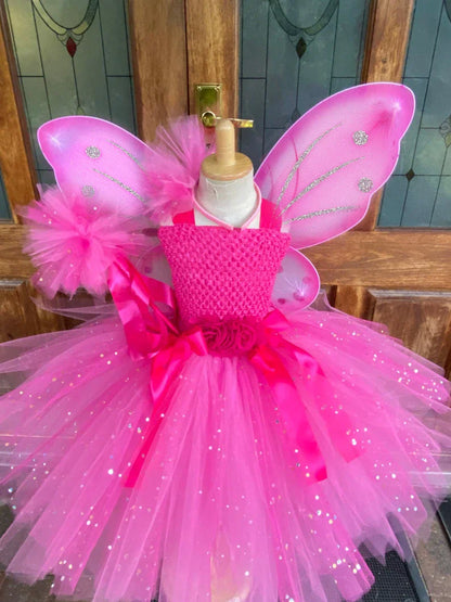 Girls Pink Glitter Tulle Dress Kids Butterfly Fairy Tutu Dresses with Wing and Stick Hairbow Children Halloween Cosplay Costume