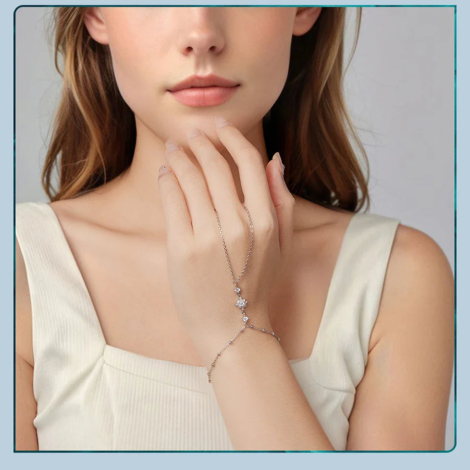 925 Sterling Silver Star Hand Chains Bracelet Zircons Ring Dainty Bracelet Set for Women Summer Adjustable Body Jewelry