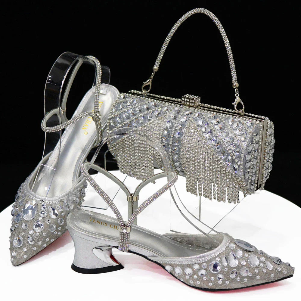 Newest INS Style Lace Elegant High Heels Pointed-Toe Nigeria Popular Design African Ladies Shoes And Bag Set