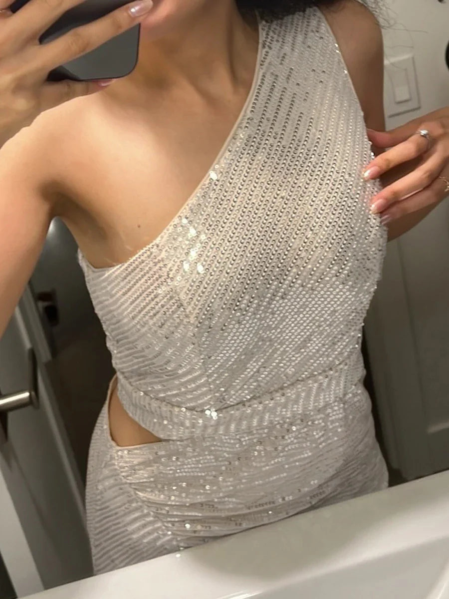 Vestido de Festa de Um Ombro Plissado Vazado com Fenda e Lantejoulas Sem Mangas para Mulheres Vestidos de Noite de Baile Verão 2025