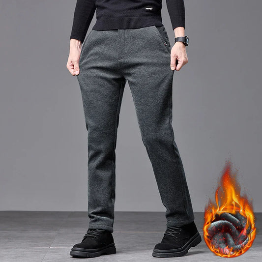 Men's Winter Fleece Elastic Casual Pants Thick Warm Soft Business Stretch Slim Trousers Streetwear Fashion Korean Brand Clothes