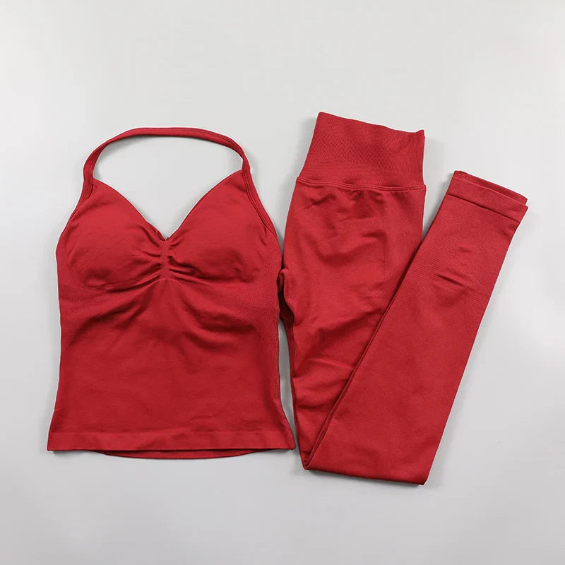 Yoga Longline Strappy Top Leggings Set Women's Backless Camisole Built-In bra Vest High-Waisted Hip Lift Gym Shorts Sports Set