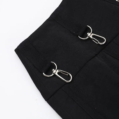 Goth Dark Acubi Fashion Black Swing A-line Skirt Punk Grunge Metal Buckle Streetwear Bandage Skirts Mall Gothic Alt Clother