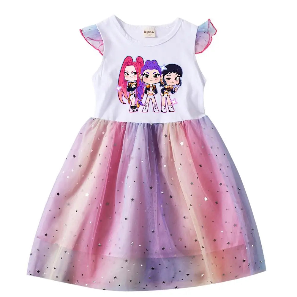 Baby Girls Dress Children Cartoon Mesh Star Sequins Princess Dress Kids Flying Sleeve Skirt For Birthday Gift
