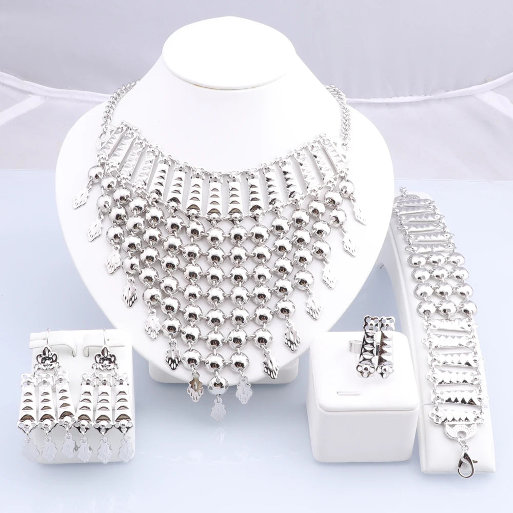 Novo Conjunto de Joias Banhado a Prata com Franjas, Colar, Brincos, Pulseira e Anel para Mulheres, Correntes de Noiva, Joias de Casamento Étnicas, Presentes para Noivas