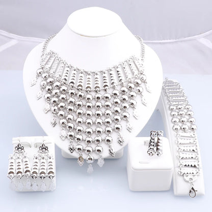 Novo Conjunto de Joias Banhado a Prata com Franjas, Colar, Brincos, Pulseira e Anel para Mulheres, Correntes de Noiva, Joias de Casamento Étnicas, Presentes para Noivas