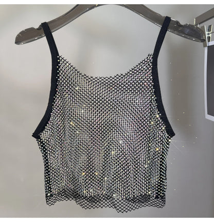 Summer New Mesh Diamond Crystal Short Halter Top AB Color Diamond Sexy Inner Shining Waistless Tops
