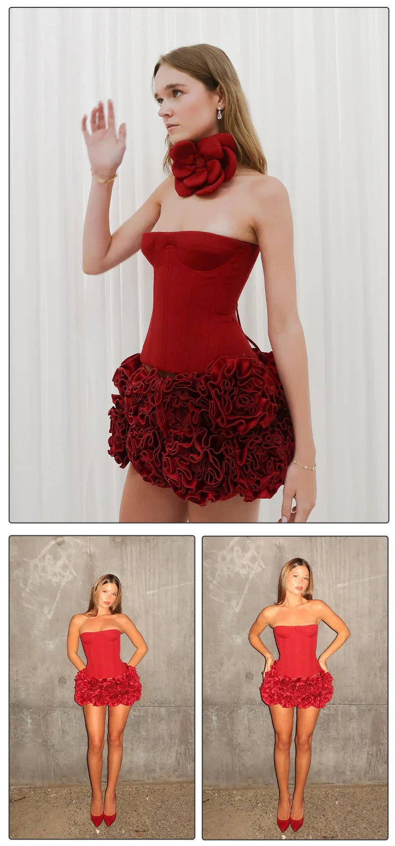 Christmas Dress Strapless Backless Red Structured Floral Embellished Mini Length Bodycon Celebrity Party Cocktail Dress