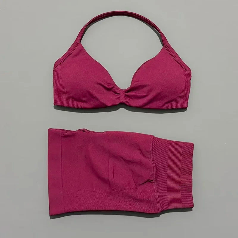 No Logo 2 Piece Impacts Gym Set Women Seamless Yoga Strappy Bra Workout Scrunch Sports Low Waist Shorts Sport Set