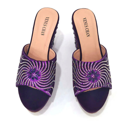 The Latest Italian Design Rotary Rhine-Diamond Floral Thick Heel Platform Women's Comfortable Shoes Bag and Shoe Set
