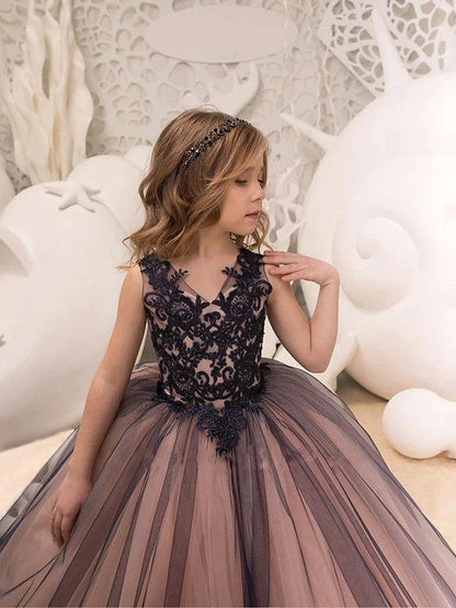 Pretty Dress Pink Flower Girl Dress Princess Lace Floral Appqulies Tulle Fluffy Skirt Floor Length Ball Gowns Comuunion Party