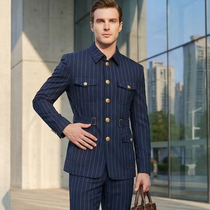 Elegant Dark Blue Striped Men's Suit Slim Fit Double-Breasted Jacket And Trouser Set Fashionable Collarless 2-Piece Suit