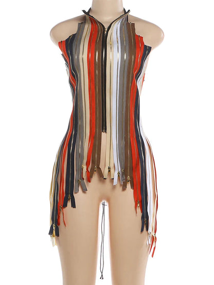 Backless Irregular Hem Tank Tops Woman Colorful Stripe Halter Multiple Zip Design Bandage High Street Hip-Hop Style Vests