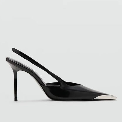 Novelty Metal Pointed Toe High Heels Women 2026 New Elegant Slingback Heeled Sandals Sexy Black Patent Leather Designer Shoes