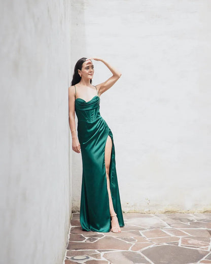 New Summer Prom Dress Women'S Sling Sleeveless Solid Color Dress One Word Neck Slim Fit Open Back Slit Red Sexy Dress
