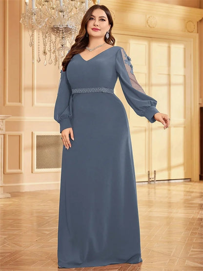 Plus Size Luxury V-Neck Red Long Sleeves Applique Formal Evening Dresses Women V-back Wedding Party Maxi Guest Gowns