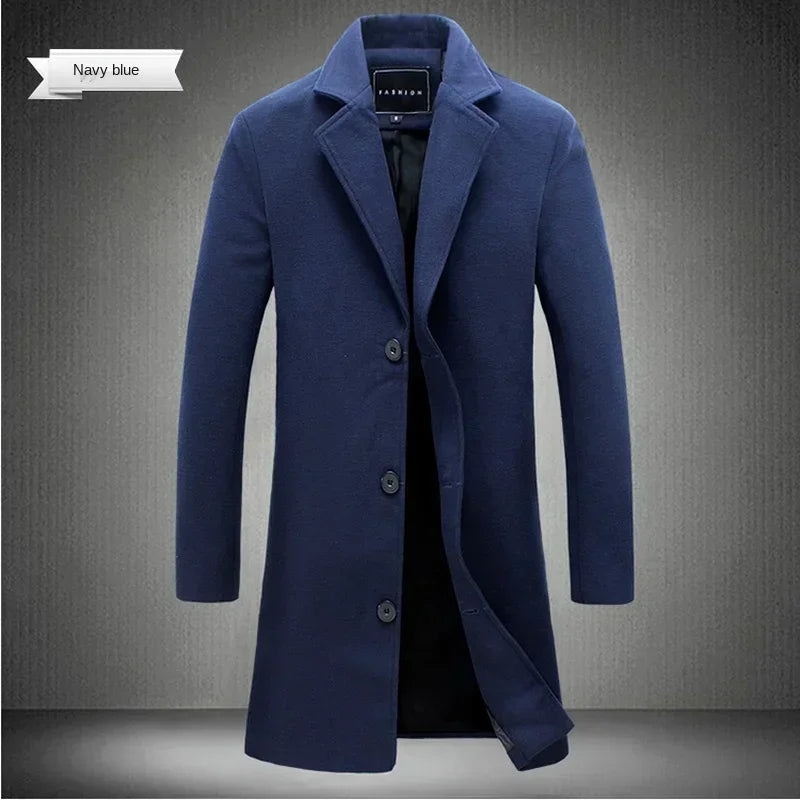 Men Long Cotton Coat 2025 Autumn Winter Wool Blend Pure Color Business Casual Slim Fit Windbreaker Jacket Fashion Men Clothing