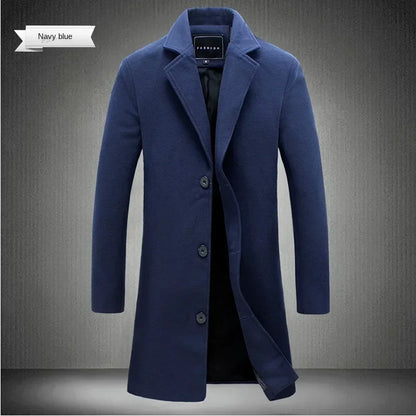 Men Long Cotton Coat 2025 Autumn Winter Wool Blend Pure Color Business Casual Slim Fit Windbreaker Jacket Fashion Men Clothing