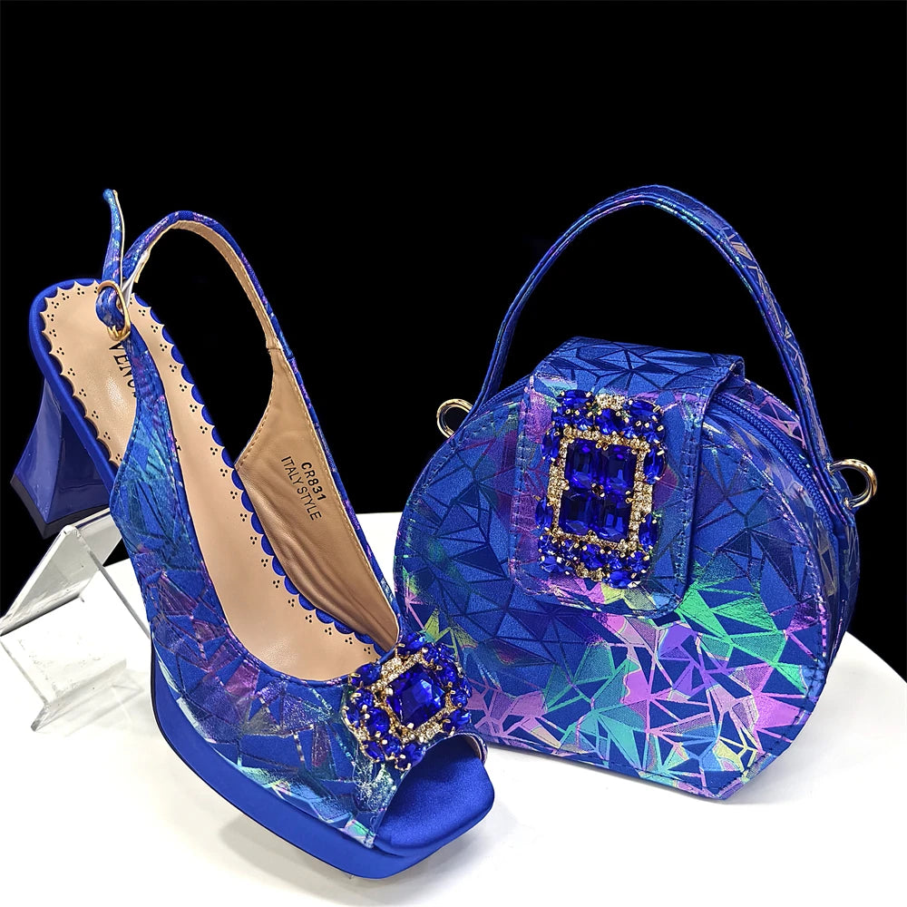 Elegant Women Heels for Peep Toe Good Material Design Rhinestone Fuchsia Sandals Italian Shoes and Bags Matching Set 2025