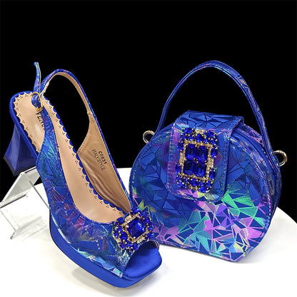 Elegant Women Heels for Peep Toe Good Material Design Rhinestone Fuchsia Sandals Italian Shoes and Bags Matching Set 2025