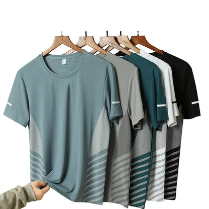 Camiseta de Corrida Masculina Verão Seda Gelo Fina Top Impressão Refletiva Secagem Rápida Manga Curta Respirável Fitness Esportiva Camiseta 5GG