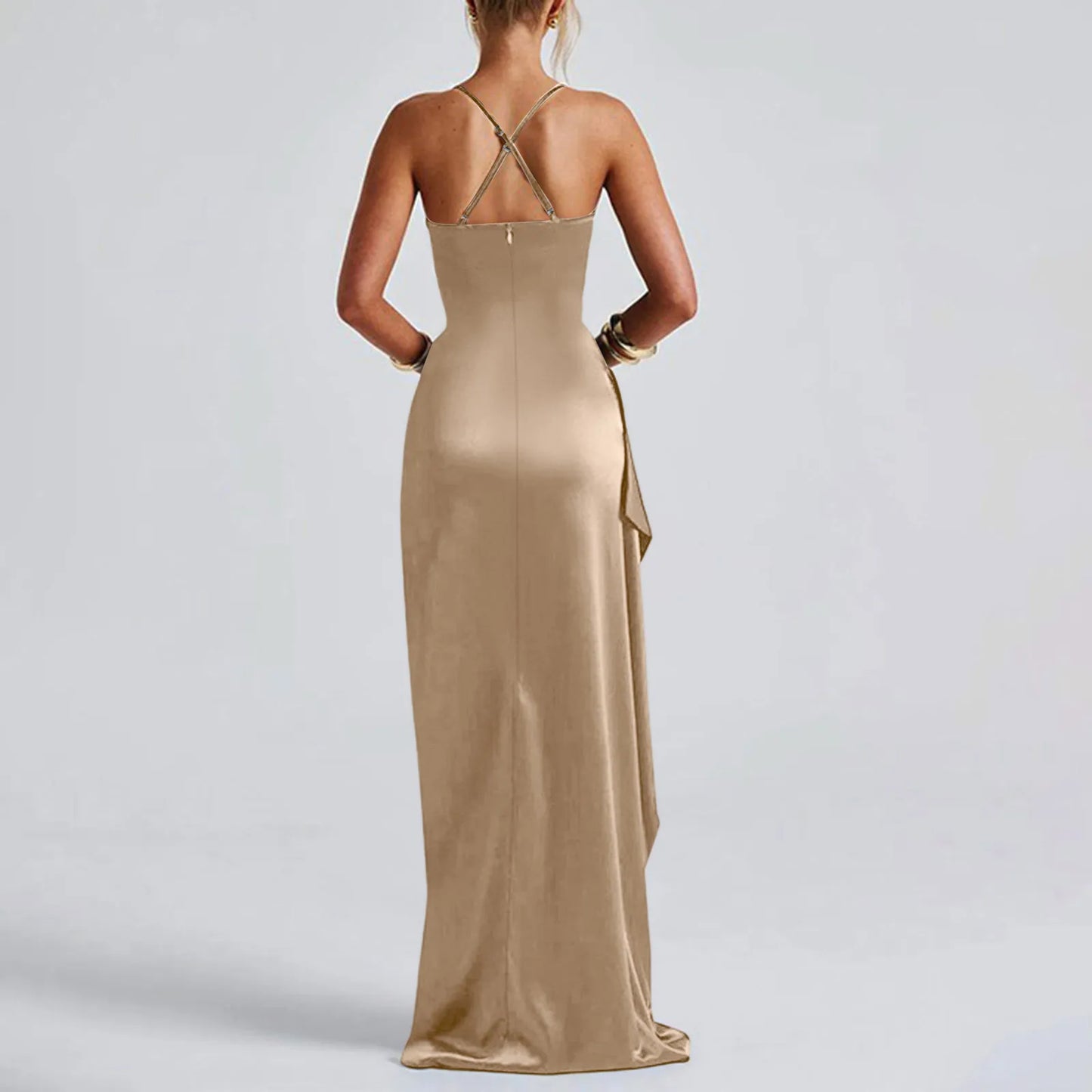 Women's Fashion Elegant Fitted Pleated Slit Satin Gown Solid Color Sleeveless Backless Long Dresses Summer Satin Party Dress
