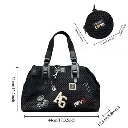 Fashionable women's mesh nylon adhesive tote bag, large capacity splicing shoulder bag, short distance travel casual handbag
