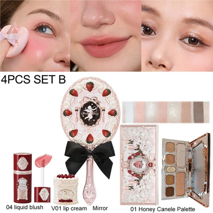 Flower Knows Strawberry Cupid Velvet Matte Lip Cream Pressed Powder Liquid Blush Set Long Lasting Lightweight Makeup