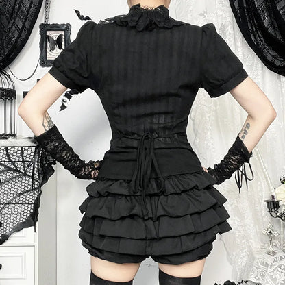 Cotton Shirts Women Vintage Gothic Black White Jacquard Short Sleeve Blouses Elegant Office Lady Y2k Tops