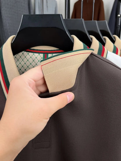 High end men's long sleeved polo shirt autumn fashion brand bee embroidery new business and casual color blocked lapel T-shirt