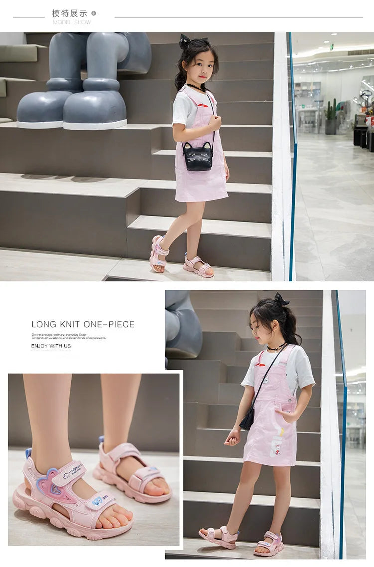 2026 New Summer Girls Sports Sandals Love Heart Decor Soft Non-Slip Beach Sandals For 3-12 Years Old Kids