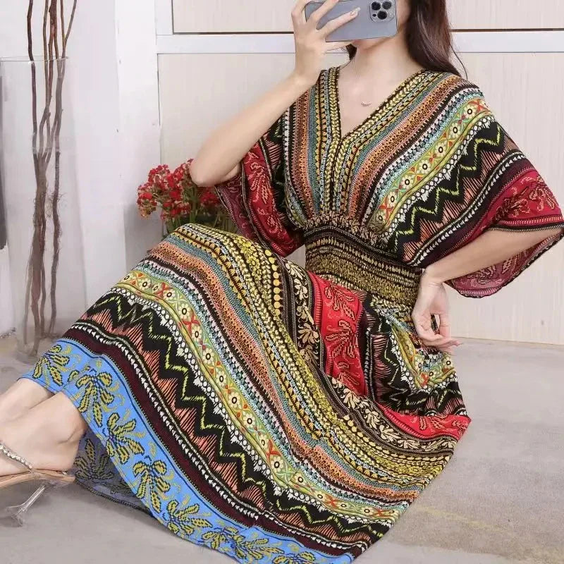 Flower V-neck Elastic Youthful Bohemian Sweet Midi Dress Woman Clothes Chic Fashion Summer Dresses 2025 Large Swing Ski