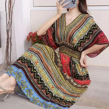 Flower V-neck Elastic Youthful Bohemian Sweet Midi Dress Woman Clothes Chic Fashion Summer Dresses 2025 Large Swing Ski