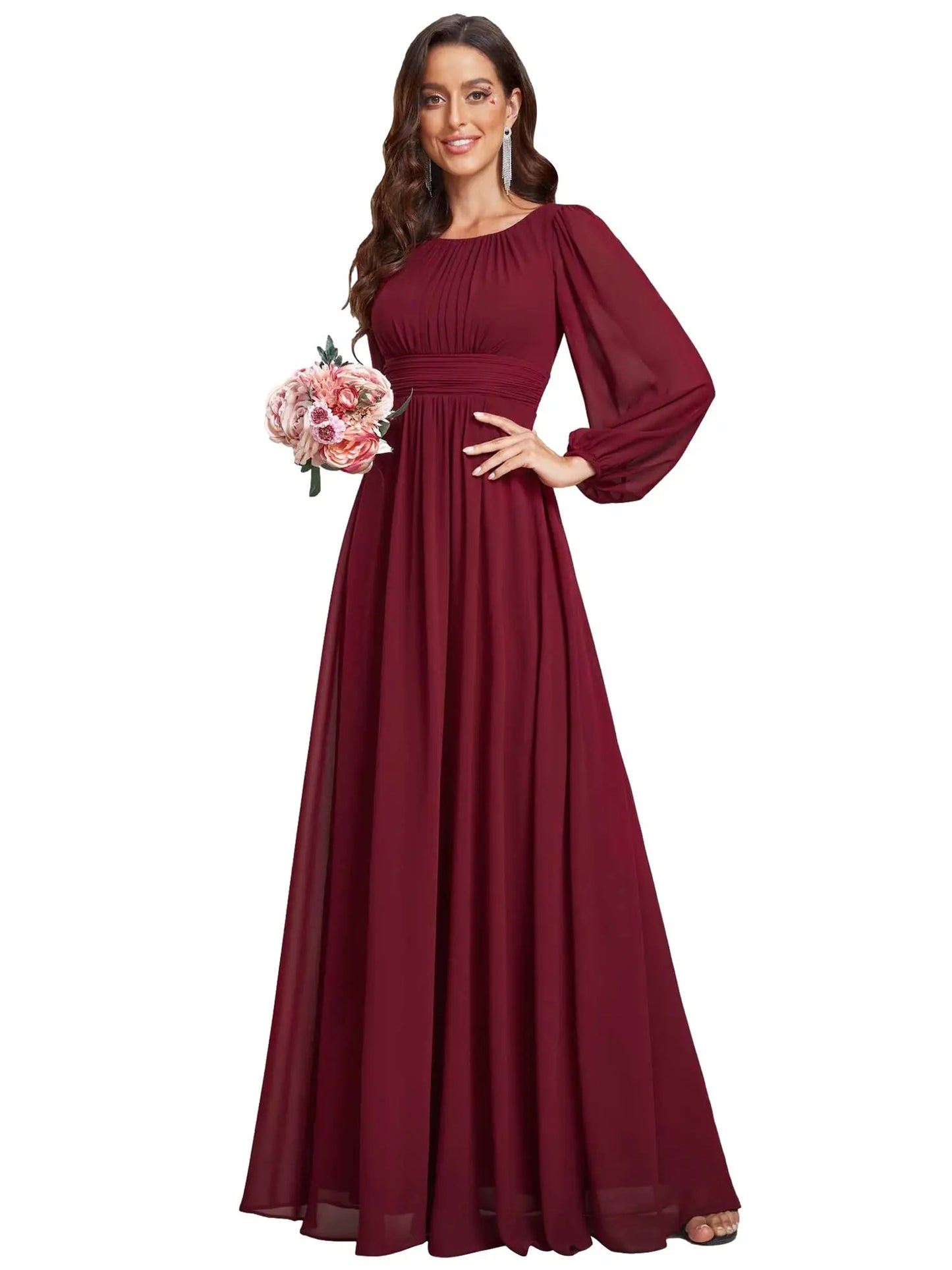 Women's Crewneck Lantern Sleeves Bridesmaid Dresses For Wedding Flowy A-Line Pleated Floor Length Chiffon Formal Evening Dresses