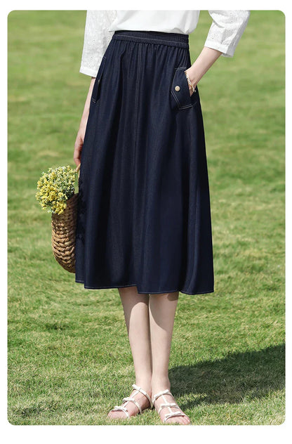 Dark Blue Denim Midi Skirt for Women 2026 Spring Elastic Waist Skirts Casual A-Line Skirt with Pockets 2261026207