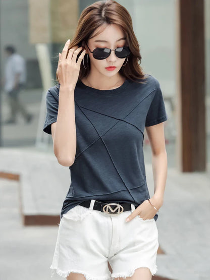Fashion Spring Summer Slim Bamboo Cotton T-Shirts Women O-Neck Short Sleeve Korean Ribbed T Shirt Female Casual Solid Tops